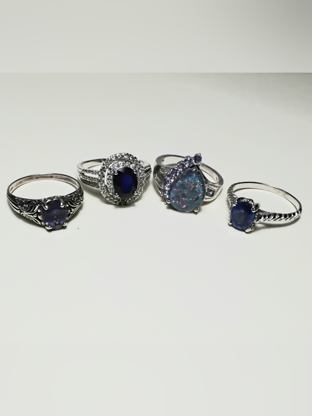 925 Silver 4 Lot Rings Sz 8-1/2 Kyanite, Amethyst, Blue Fire Opal, Sapphire
